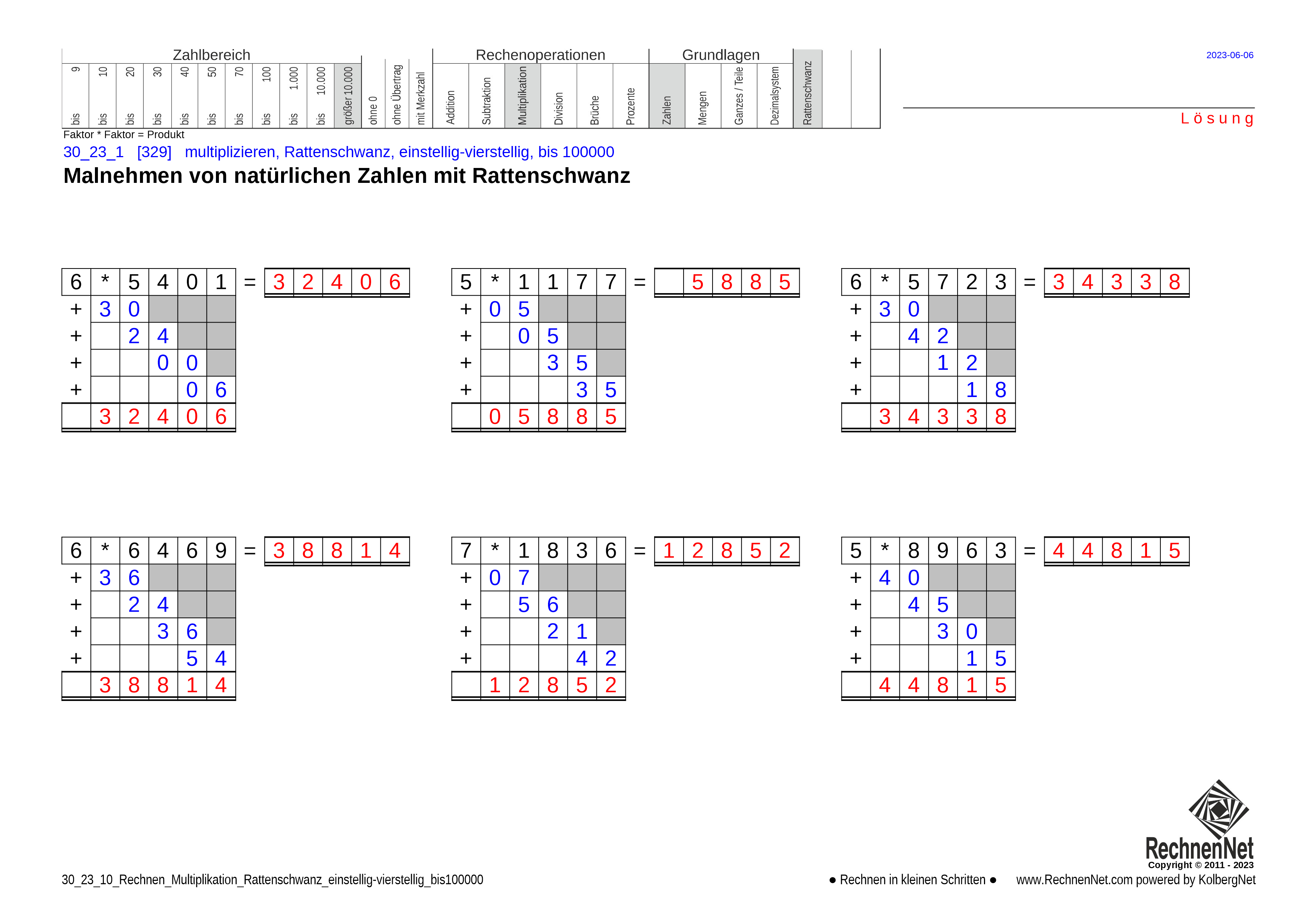 Lösung: 30_25_1 Rechnen Multiplikation Rattenschwanz einstellig-vierstellig bis100000