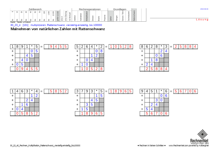 Lösung: 30_25_4 Rechnen Multiplikation Rattenschwanz vierstellig-einstellig bis100000 Lösung: 30_25_4 Rechnen Multiplikation Rattenschwanz vierstellig-einstellig bis100000