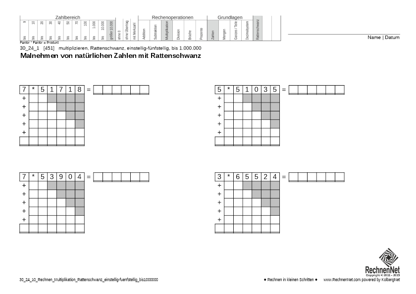 30_26_1 Rechnen Multiplikation Rattenschwanz einstellig-fünfstellig bis1000000