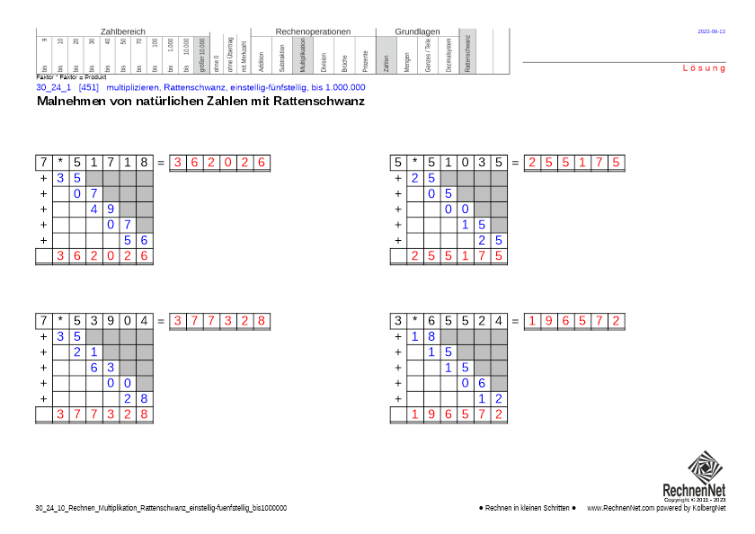 Lösung: 30_26_1 Rechnen Multiplikation Rattenschwanz einstellig-fünfstellig bis1000000