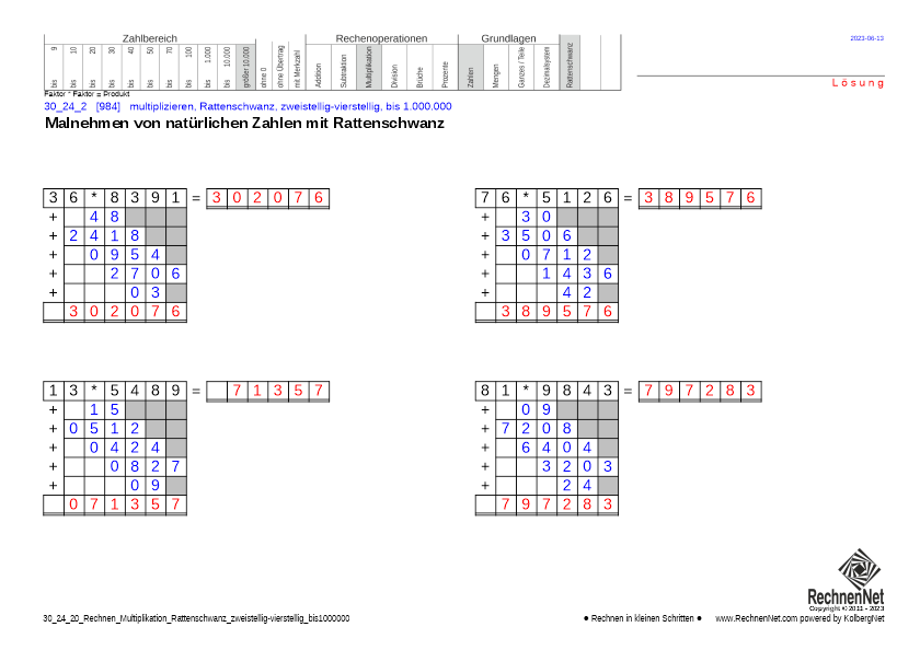 Lösung: 30_26_2 Rechnen Multiplikation Rattenschwanz zweistellig-vierstellig bis1000000