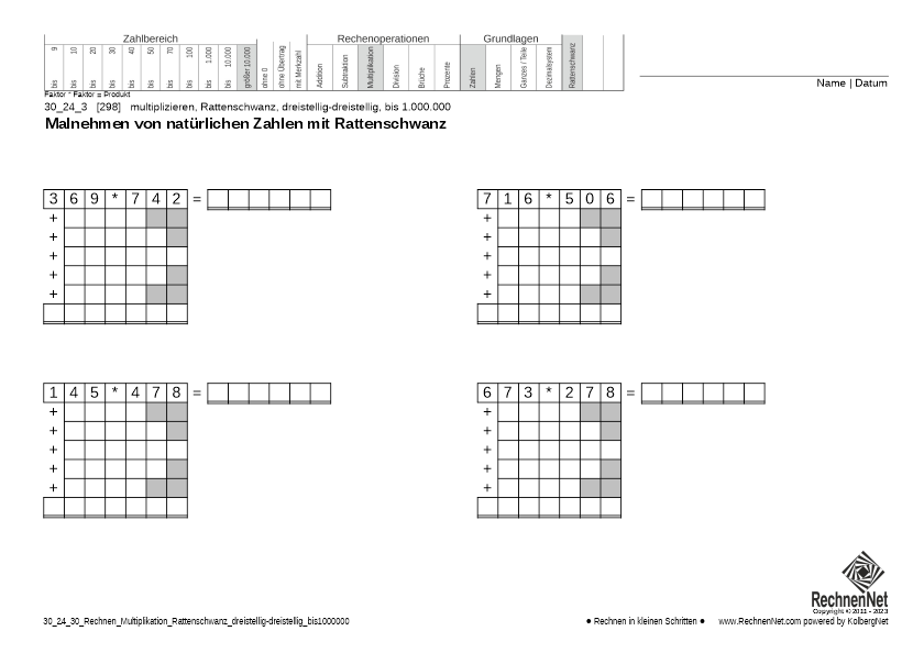 30_26_3 Rechnen Multiplikation Rattenschwanz dreistellig-dreistellig bis1000000