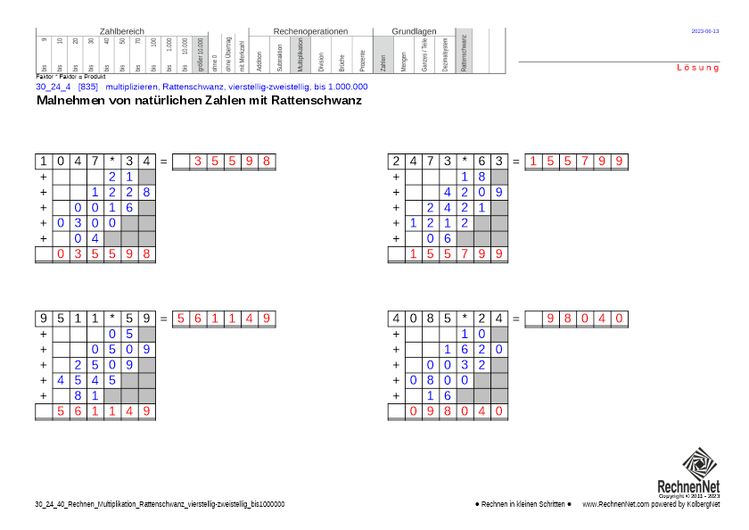 Lösung: 30_26_4 Rechnen Multiplikation Rattenschwanz vierstellig-zweistellig bis1000000