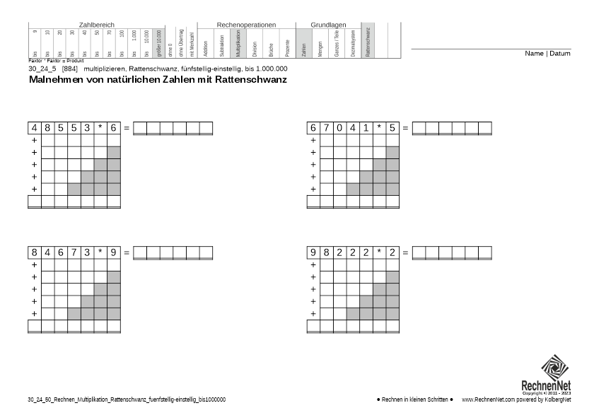 30_26_5 Rechnen Multiplikation Rattenschwanz fünfstellig-einstellig bis1000000