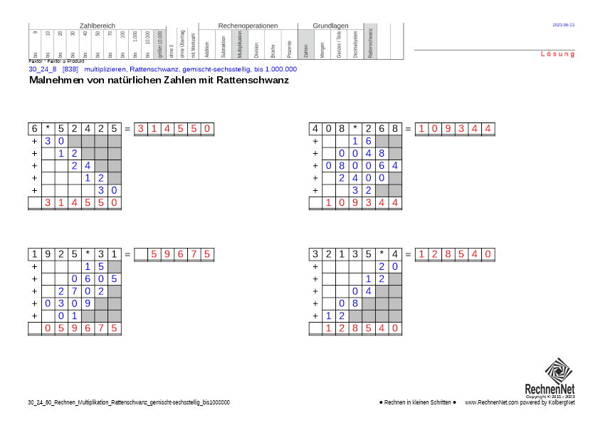 Lösung: 30_26_8 Rechnen Multiplikation Rattenschwanz gemischt-sechsstellig bis1000000