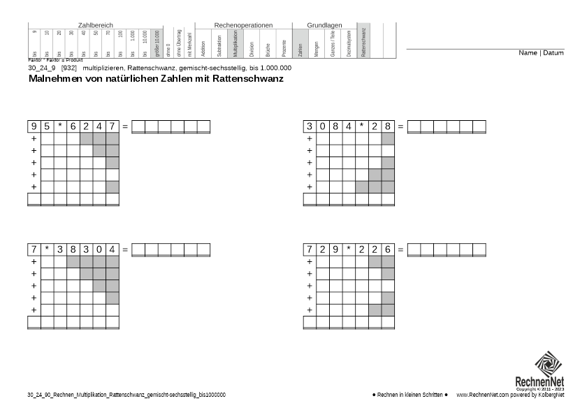 30_26_9 Rechnen Multiplikation Rattenschwanz gemischt-sechsstellig bis1000000