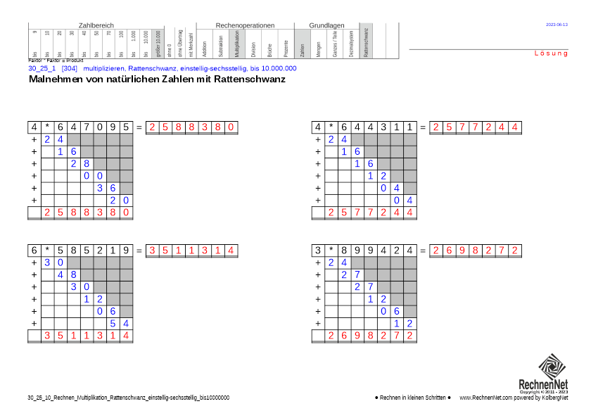 Lösung: 30_27_1 Rechnen Multiplikation Rattenschwanz einstellig-sechsstellig bis10000000