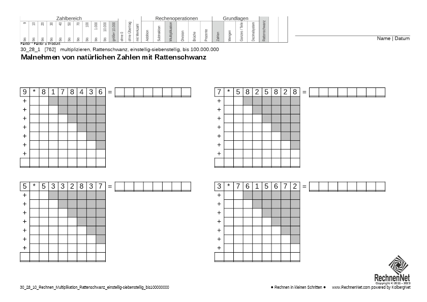30_28_1 Rechnen Multiplikation Rattenschwanz einstellig-siebenstellig bis100000000