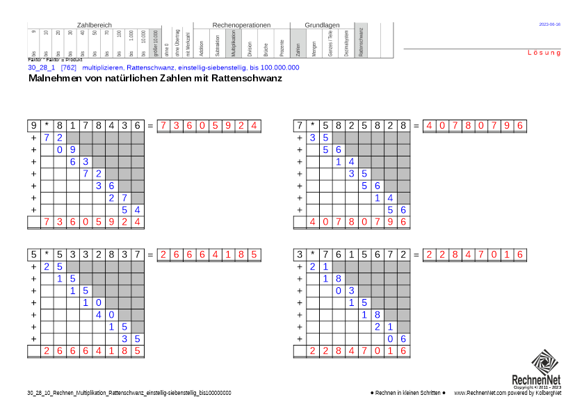 Lösung: 30_28_1 Rechnen Multiplikation Rattenschwanz einstellig-siebenstellig bis100000000