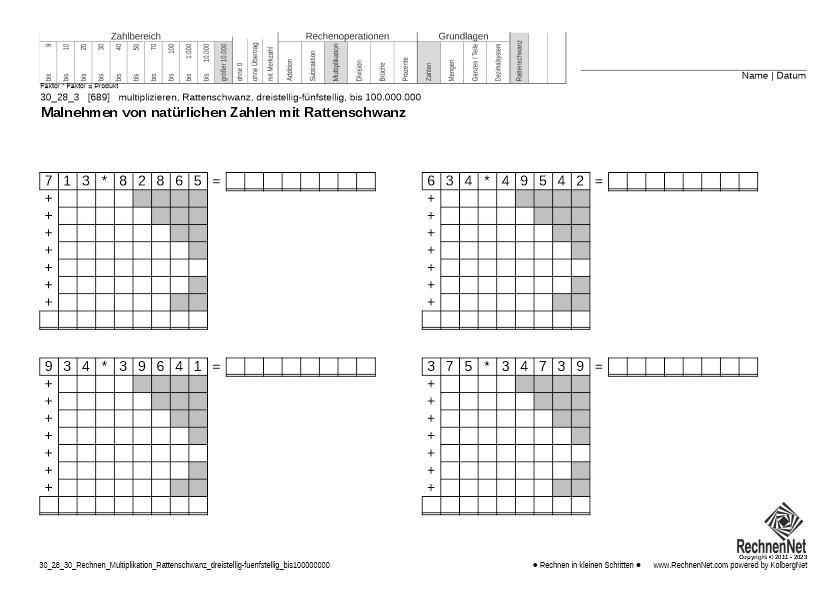 30_28_3 Rechnen Multiplikation Rattenschwanz dreistellig-fünfstellig bis100000000