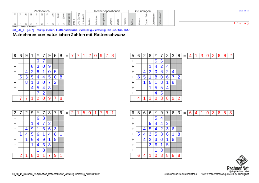 Lösung: 30_28_4 Rechnen Multiplikation Rattenschwanz vierstellig-vierstellig bis100000000