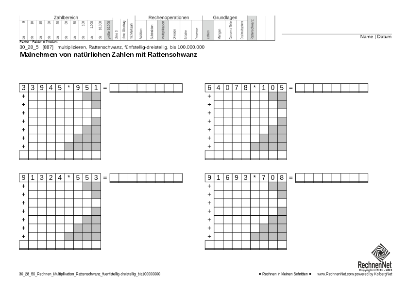 30_28_5 Rechnen Multiplikation Rattenschwanz fünfstellig-dreistellig bis100000000