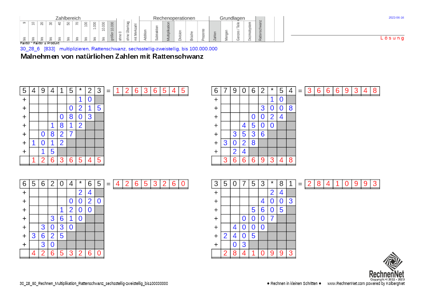 Lösung: 30_28_6 Rechnen Multiplikation Rattenschwanz sechsstellig-zweistellig bis100000000