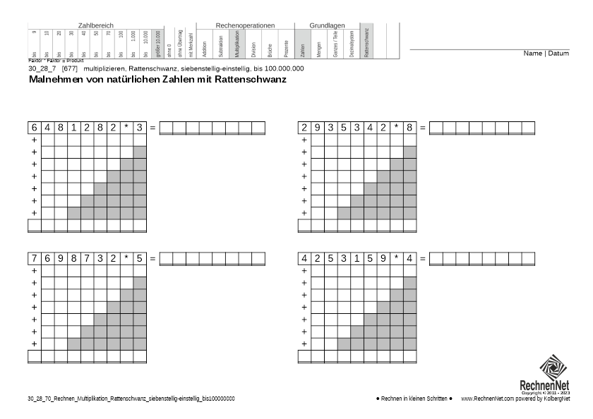 30_28_7 Rechnen Multiplikation Rattenschwanz siebenstellig-einstellig bis100000000