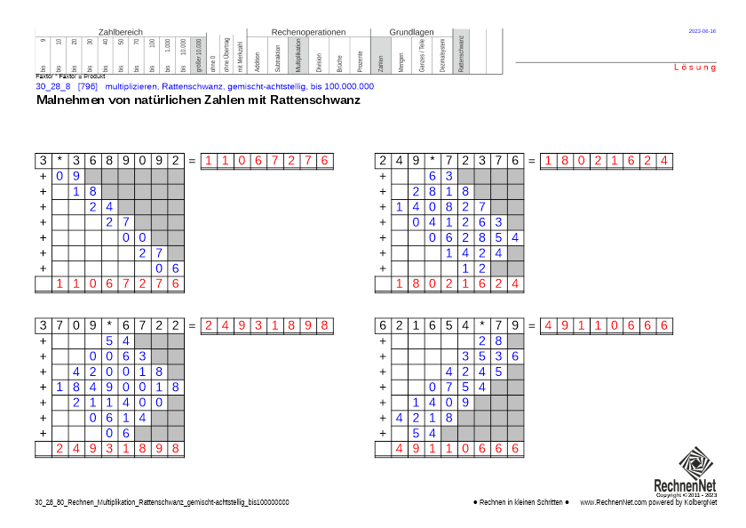Lösung: 30_28_8 Rechnen Multiplikation Rattenschwanz gemischt-achtstellig bis100000000