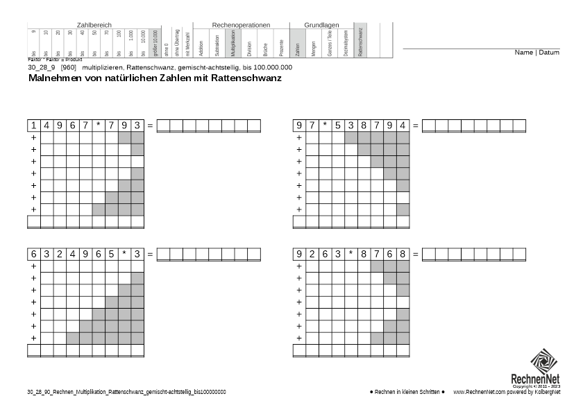 30_28_9 Rechnen Multiplikation Rattenschwanz gemischt-achtstellig bis100000000