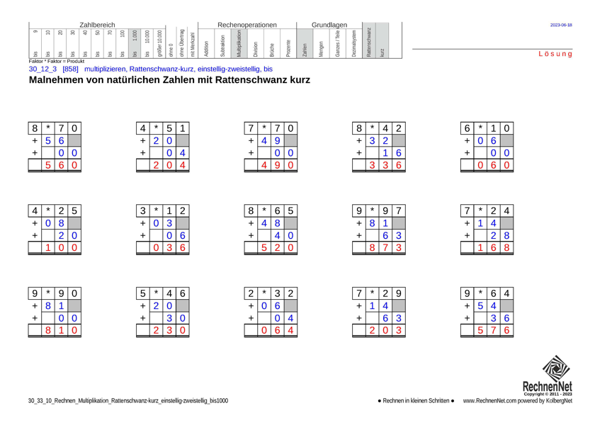 Lösung: 30_33_1 Rechnen Multiplikation Rattenschwanz-kurz einstellig-zweistellig bis1000