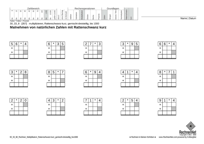 30_33_8 Rechnen Multiplikation Rattenschwanz-kurz gemischt-dreistellig bis1000