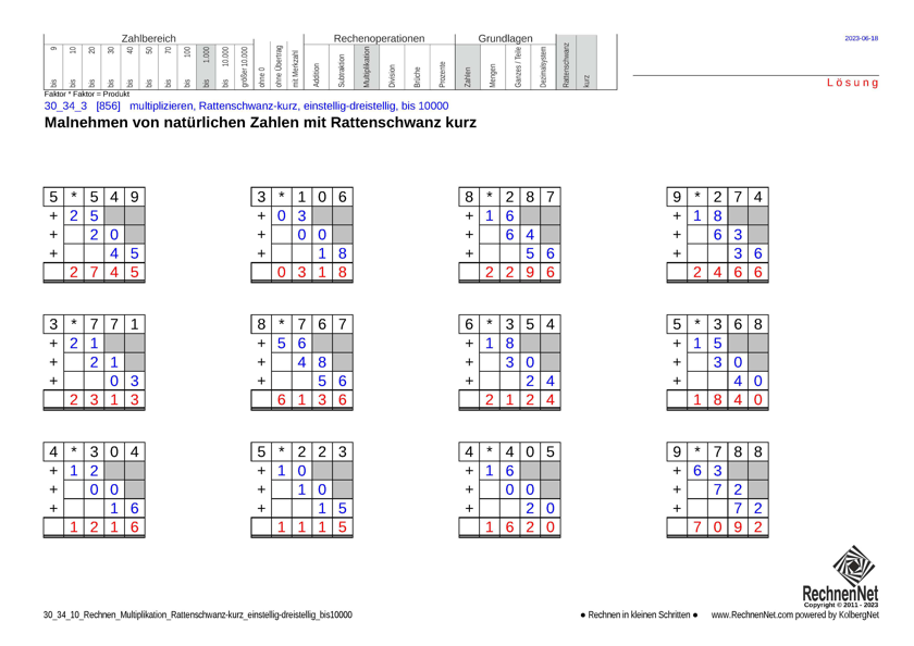 Lösung: 30_34_1 Rechnen Multiplikation Rattenschwanz-kurz einstellig-dreistellig bis10000