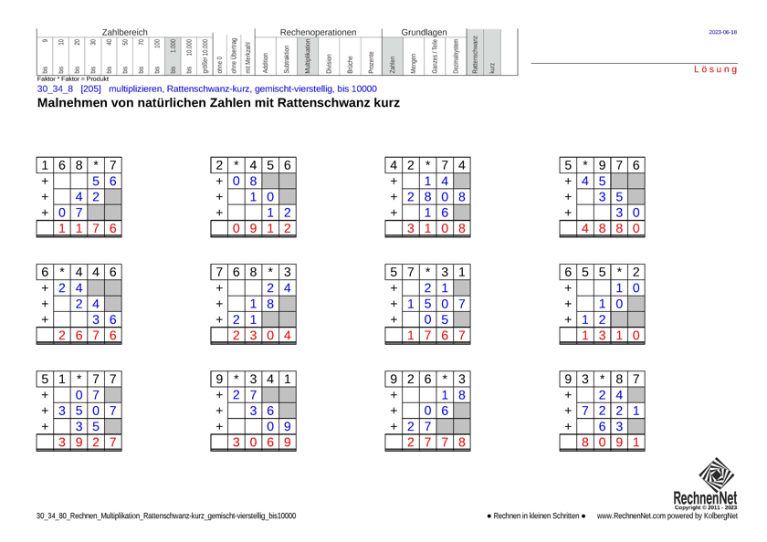 Lösung: 30_34_8 Rechnen Multiplikation Rattenschwanz-kurz gemischt-vierstellig bis10000