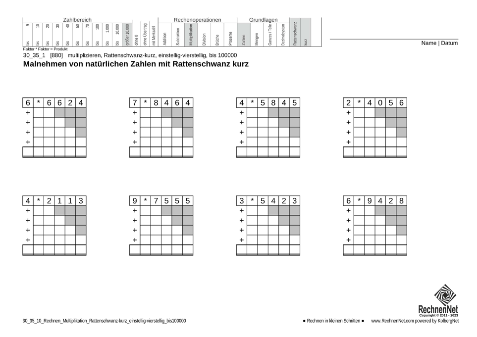 30_35_1 Rechnen Multiplikation Rattenschwanz-kurz einstellig-vierstellig bis100000