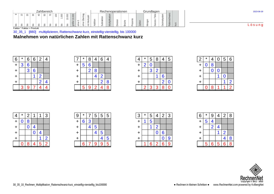 Lösung: 30_35_1 Rechnen Multiplikation Rattenschwanz-kurz einstellig-vierstellig bis100000
