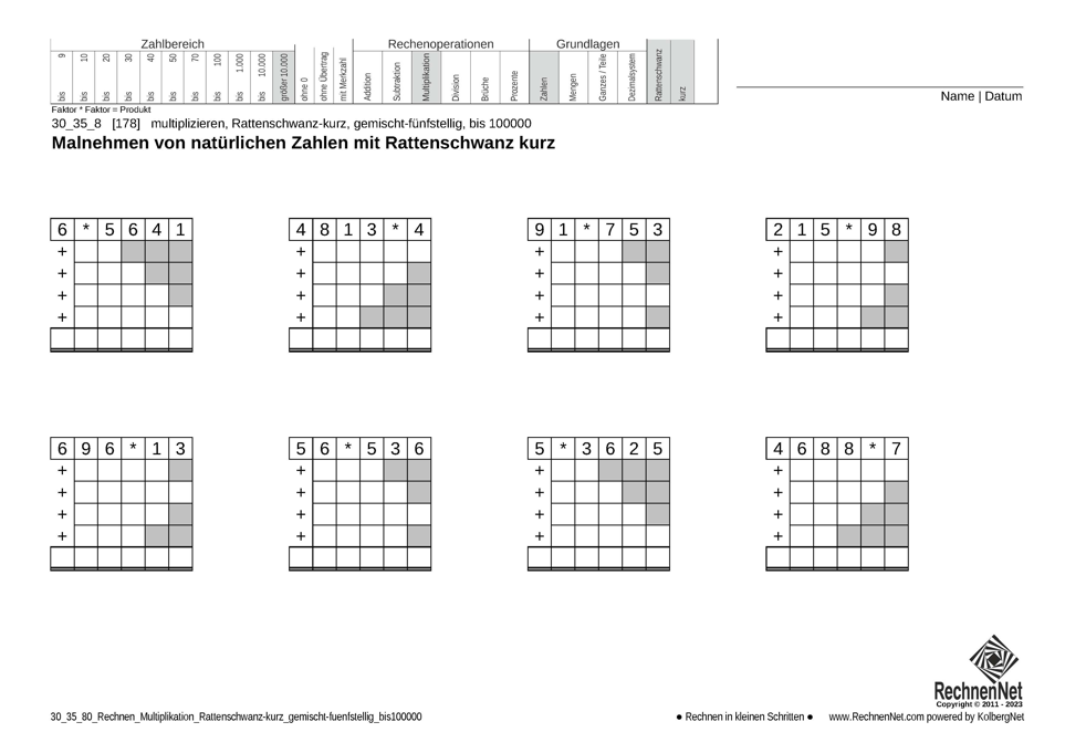 30_35_8 Rechnen Multiplikation Rattenschwanz-kurz gemischt-fünfstellig bis100000 30_35_8 Rechnen Multiplikation Rattenschwanz-kurz gemischt-fünfstellig bis100000