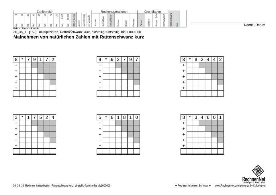 30_36_1 Rechnen Multiplikation Rattenschwanz-kurz einstellig-fünfstellig bis1000000