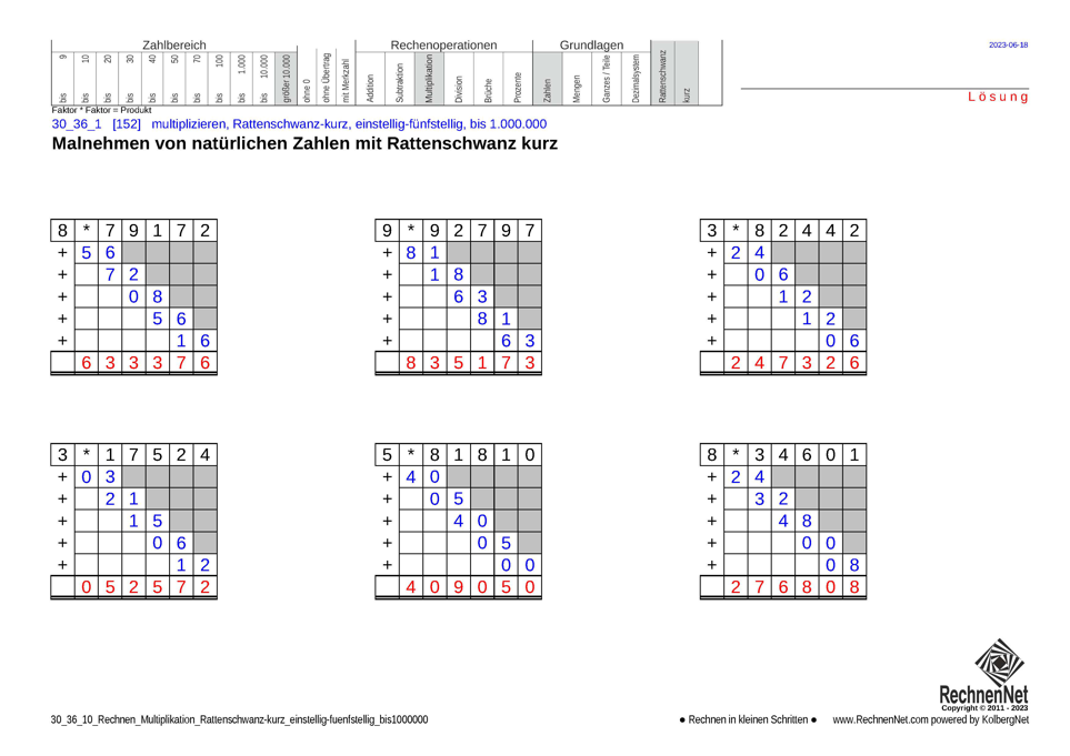 Lösung: 30_36_1 Rechnen Multiplikation Rattenschwanz-kurz einstellig-fünfstellig bis1000000