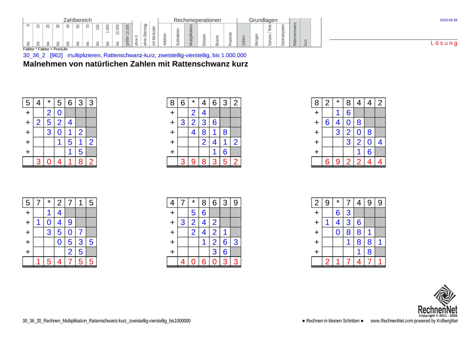 Lösung: 30_36_2 Rechnen Multiplikation Rattenschwanz-kurz zweistellig-vierstellig bis1000000