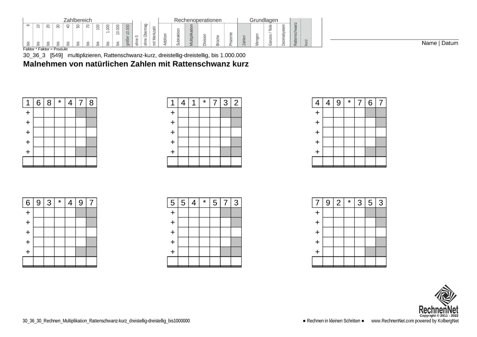 30_36_3 Rechnen Multiplikation Rattenschwanz-kurz dreistellig-dreistellig bis1000000