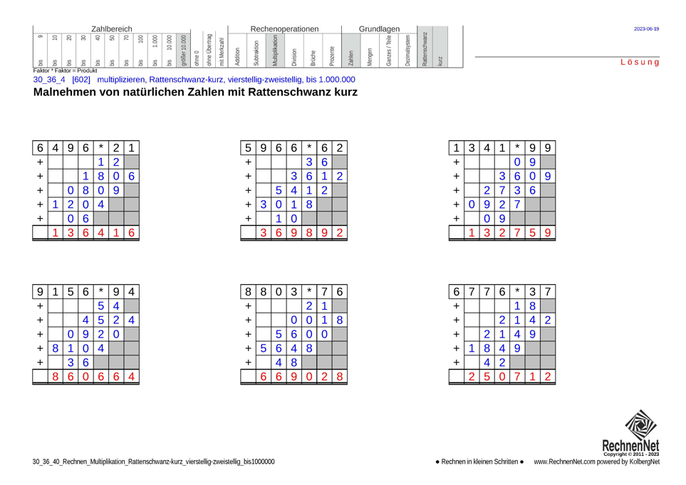 Lösung: 30_36_4 Rechnen Multiplikation Rattenschwanz-kurz vierstellig-zweistellig bis1000000