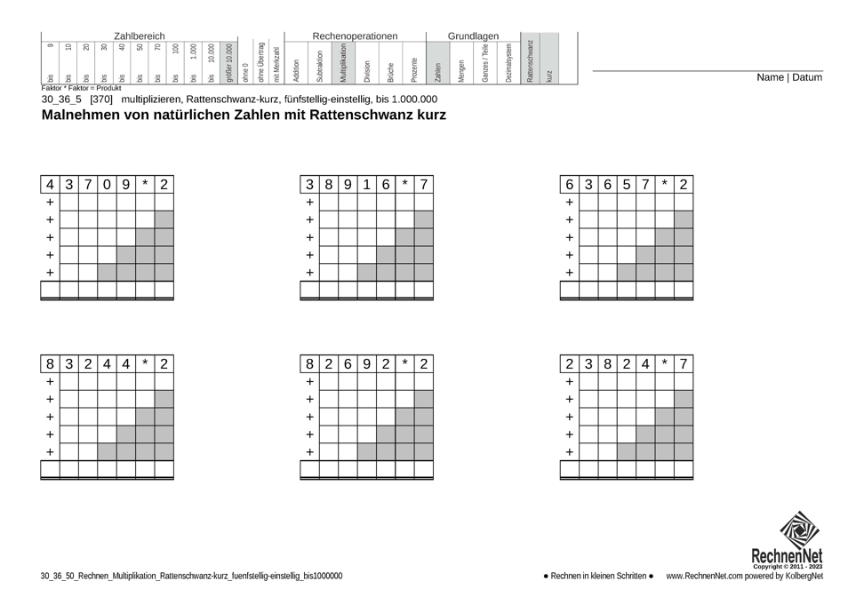30_36_5 Rechnen Multiplikation Rattenschwanz-kurz fuenfstellig-einstellig bis1000000