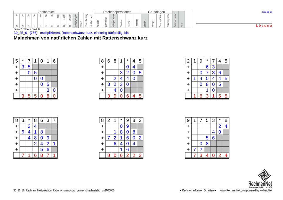 Lösung: 30_36_8 Rechnen Multiplikation Rattenschwanz-kurz gemischt-sechsstellig bis1000000