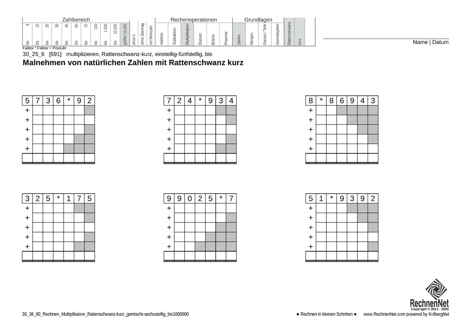 30_36_9 Rechnen Multiplikation Rattenschwanz-kurz gemischt-sechsstellig bis1000000