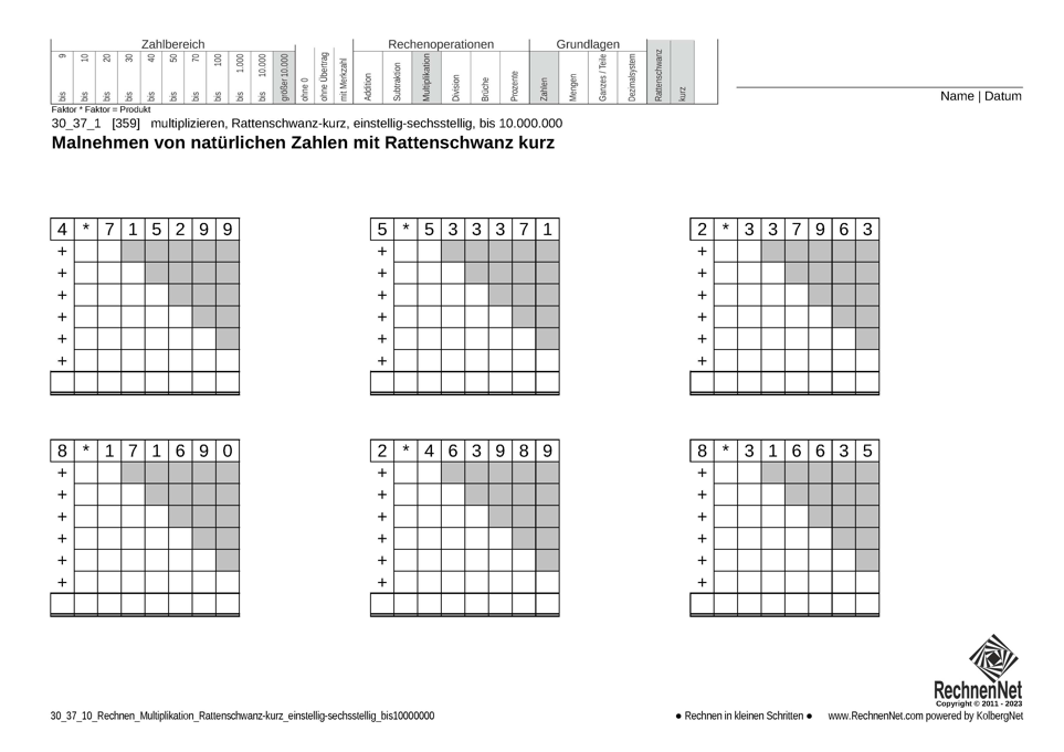 30_37_1 Rechnen Multiplikation Rattenschwanz-kurz einstellig-sechsstellig bis10000000