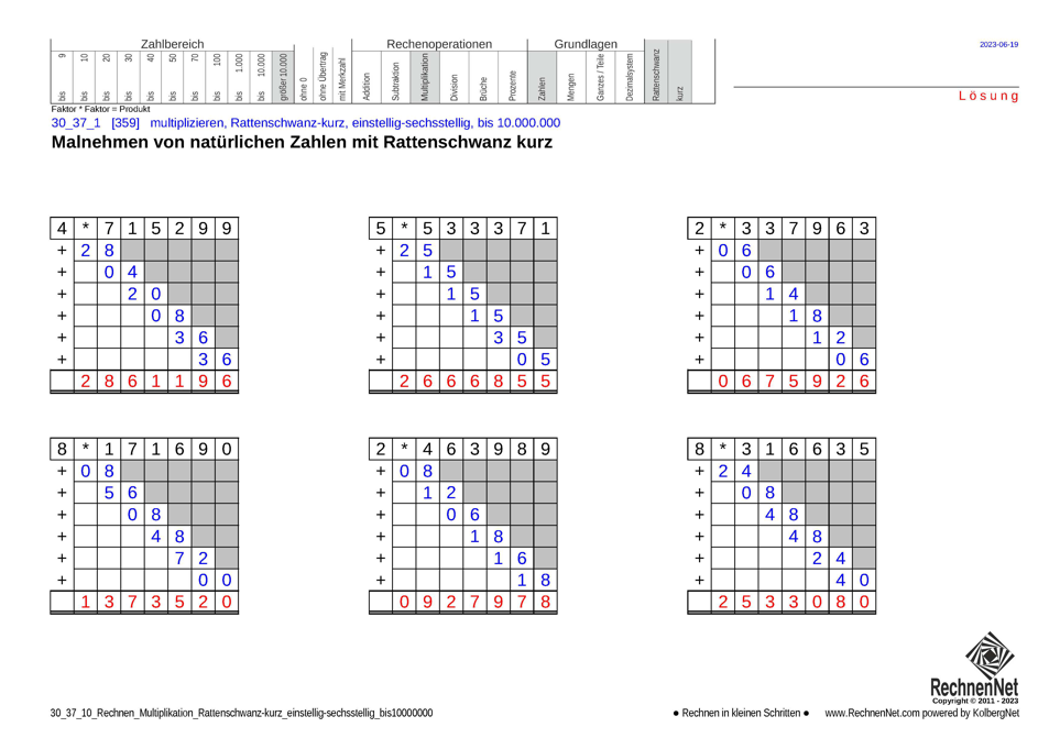 Lösung: 30_37_1 Rechnen Multiplikation Rattenschwanz-kurz einstellig-sechsstellig bis10000000
