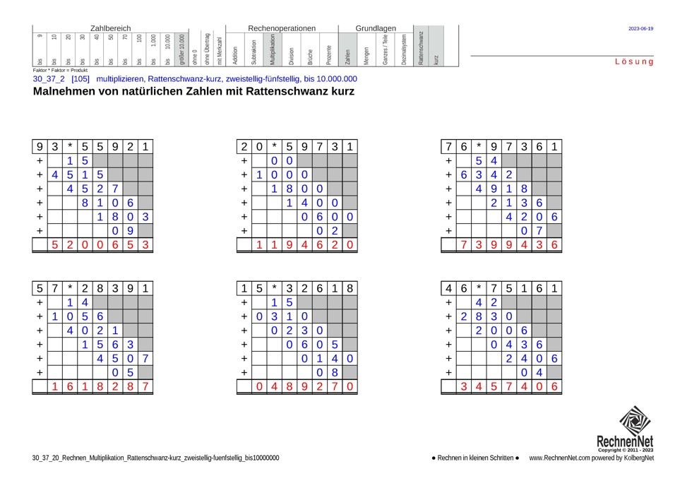 Lösung: 30_37_2 Rechnen Multiplikation Rattenschwanz-kurz zweistellig-fünfstellig bis10000000