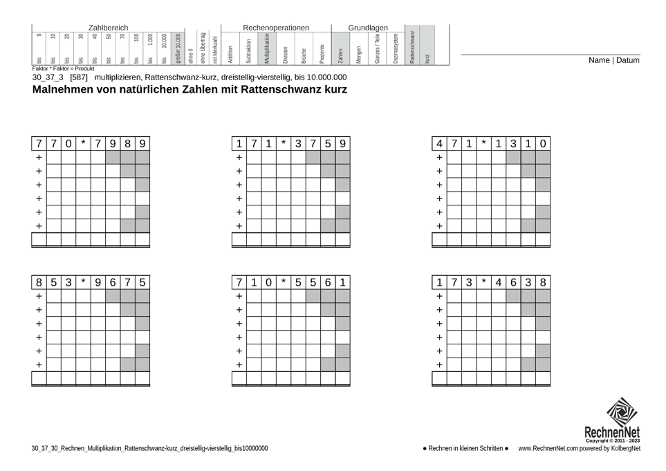 30_37_3 Rechnen Multiplikation Rattenschwanz-kurz dreistellig-vierstellig bis10000000