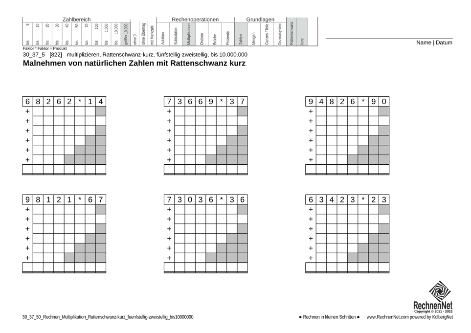 30_37_5 Rechnen Multiplikation Rattenschwanz-kurz fünfstellig-zweistellig bis10000000