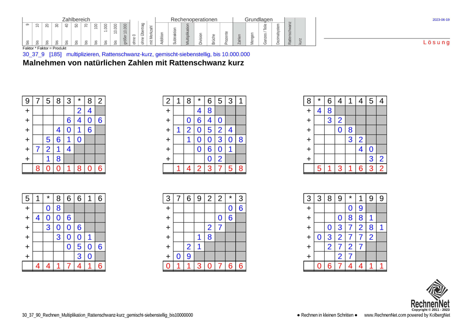 Lösung: 30_37_9 Rechnen Multiplikation Rattenschwanz-kurz gemischt-siebenstellig bis10000000