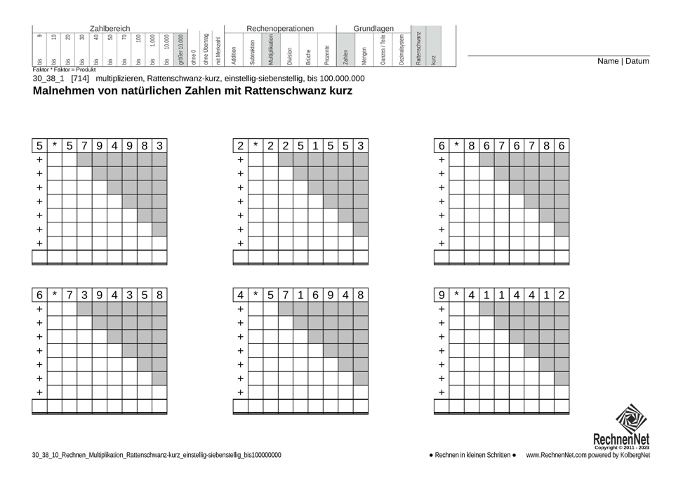 30_38_1 Rechnen Multiplikation Rattenschwanz-kurz einstellig-siebenstellig bis100000000