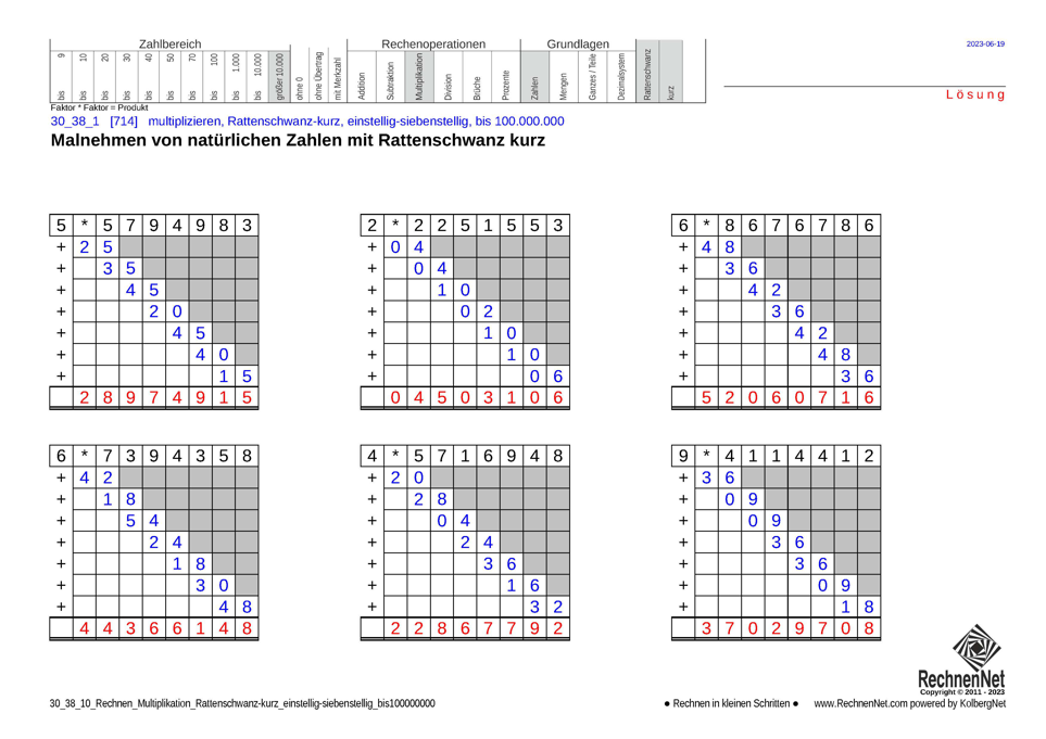 Lösung: 30_38_1 Rechnen Multiplikation Rattenschwanz-kurz einstellig-siebenstellig bis100000000