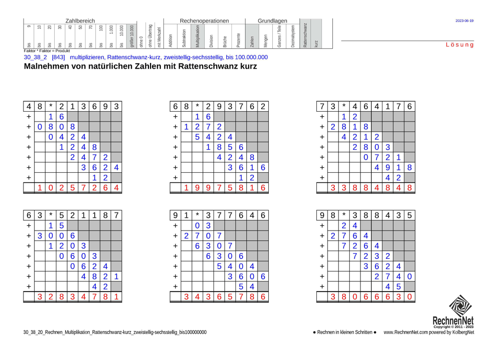 Lösung: 30_38_2 Rechnen Multiplikation Rattenschwanz-kurz zweistellig-sechsstellig bis100000000