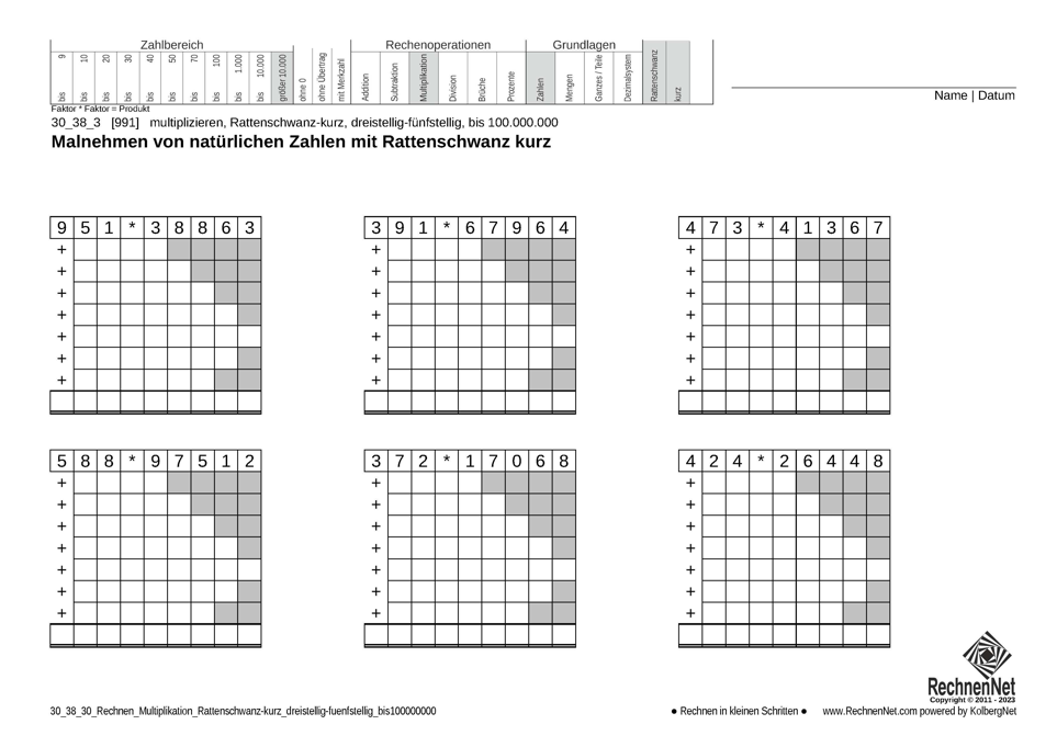 30_38_3 Rechnen Multiplikation Rattenschwanz-kurz dreistellig-fünfstellig bis100000000
