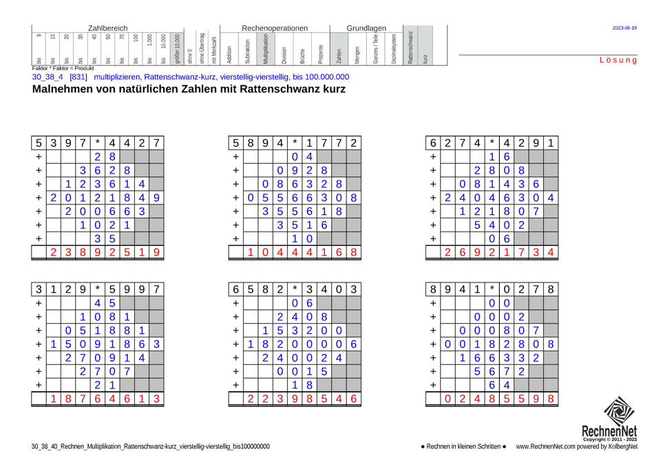 Lösung: 30_38_4 Rechnen Multiplikation Rattenschwanz-kurz vierstellig-vierstellig bis100000000
