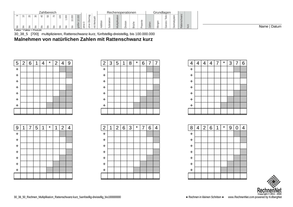 30_38_5 Rechnen Multiplikation Rattenschwanz-kurz fünfstellig-dreistellig bis100000000