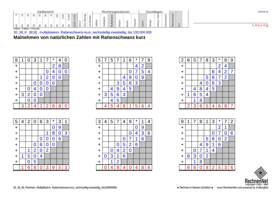 Lösung: 30_38_6 Rechnen Multiplikation Rattenschwanz-kurz sechsstellig-zweistellig bis100000000