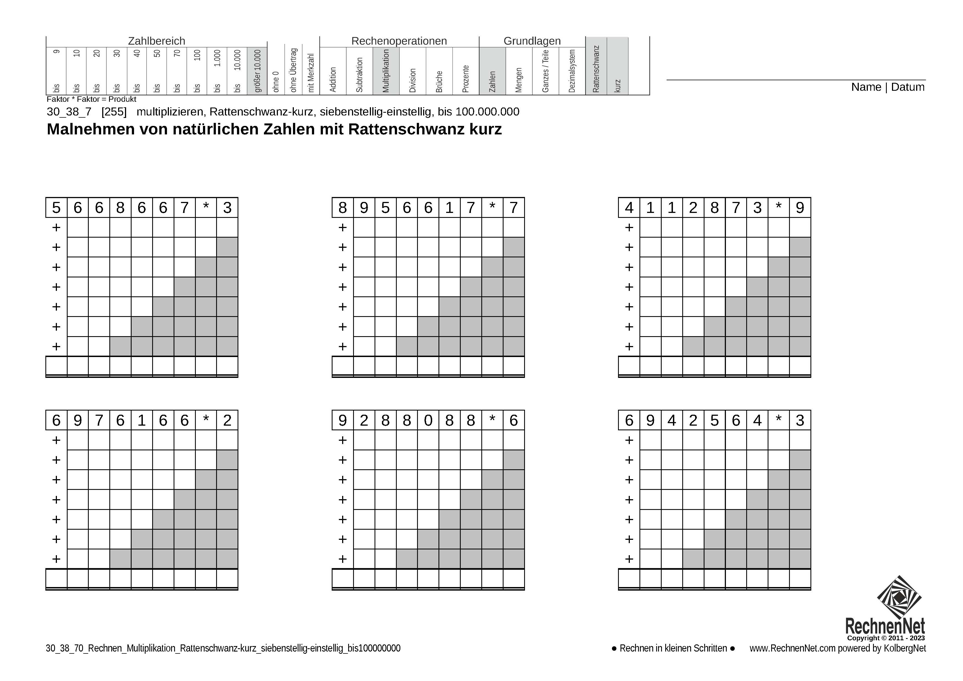30_38_7 Rechnen Multiplikation Rattenschwanz-kurz siebenstellig-einstellig bis100000000