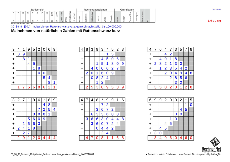 Lösung: 30_38_8 Rechnen Multiplikation Rattenschwanz-kurz gemischt-achtstellig bis100000000